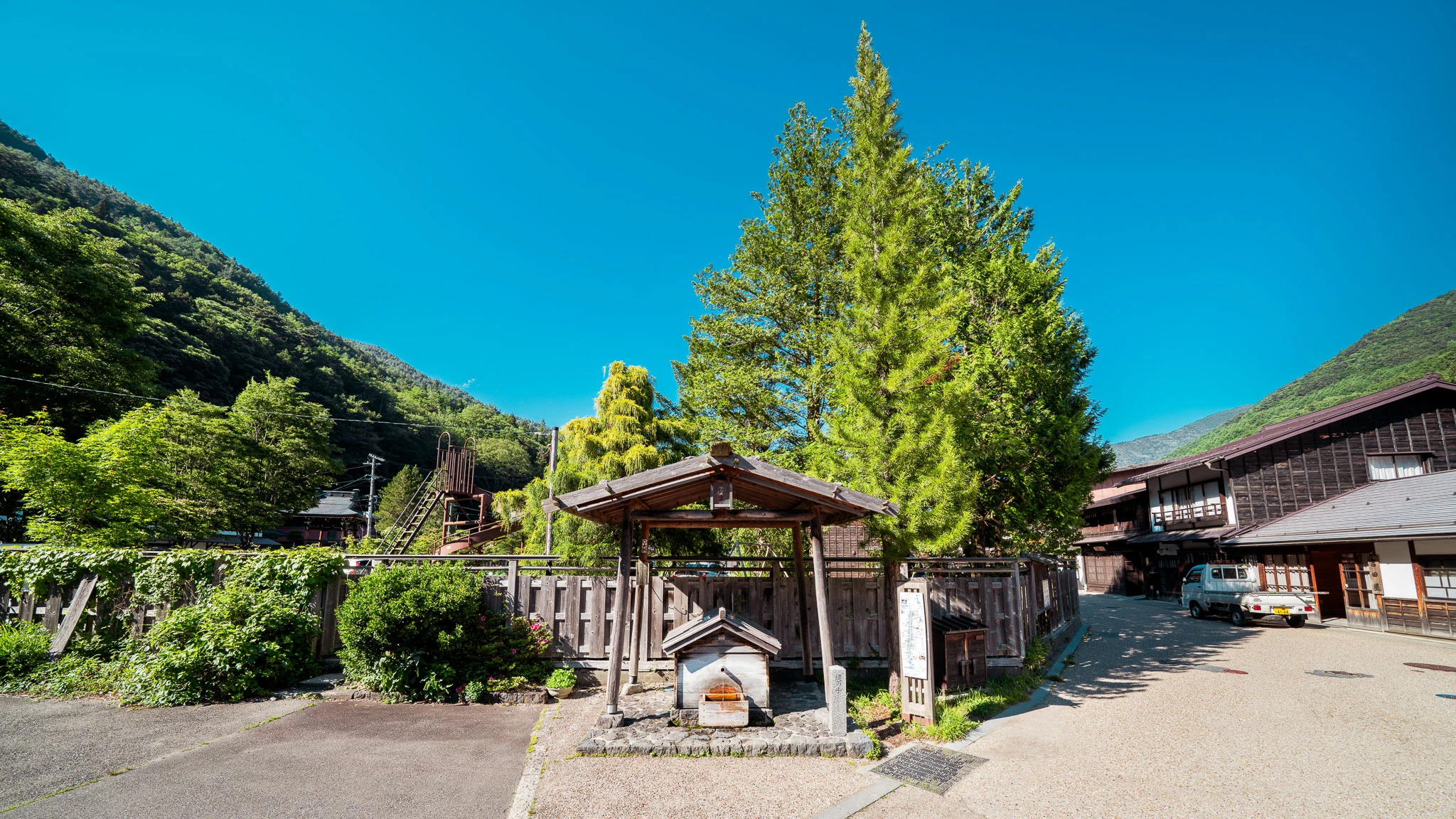 Small roadside structure beneath a tall green tree