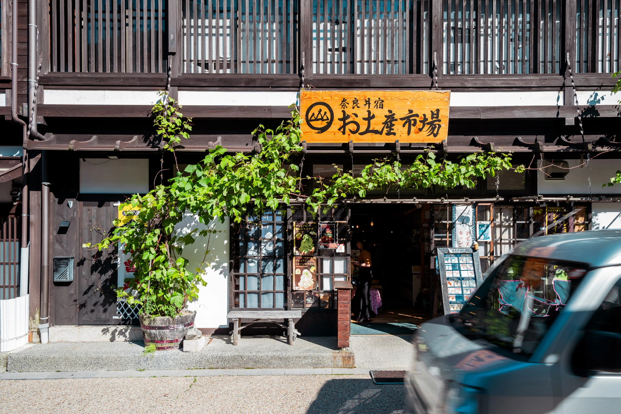 Shopfront shaded by leafy plants along the street