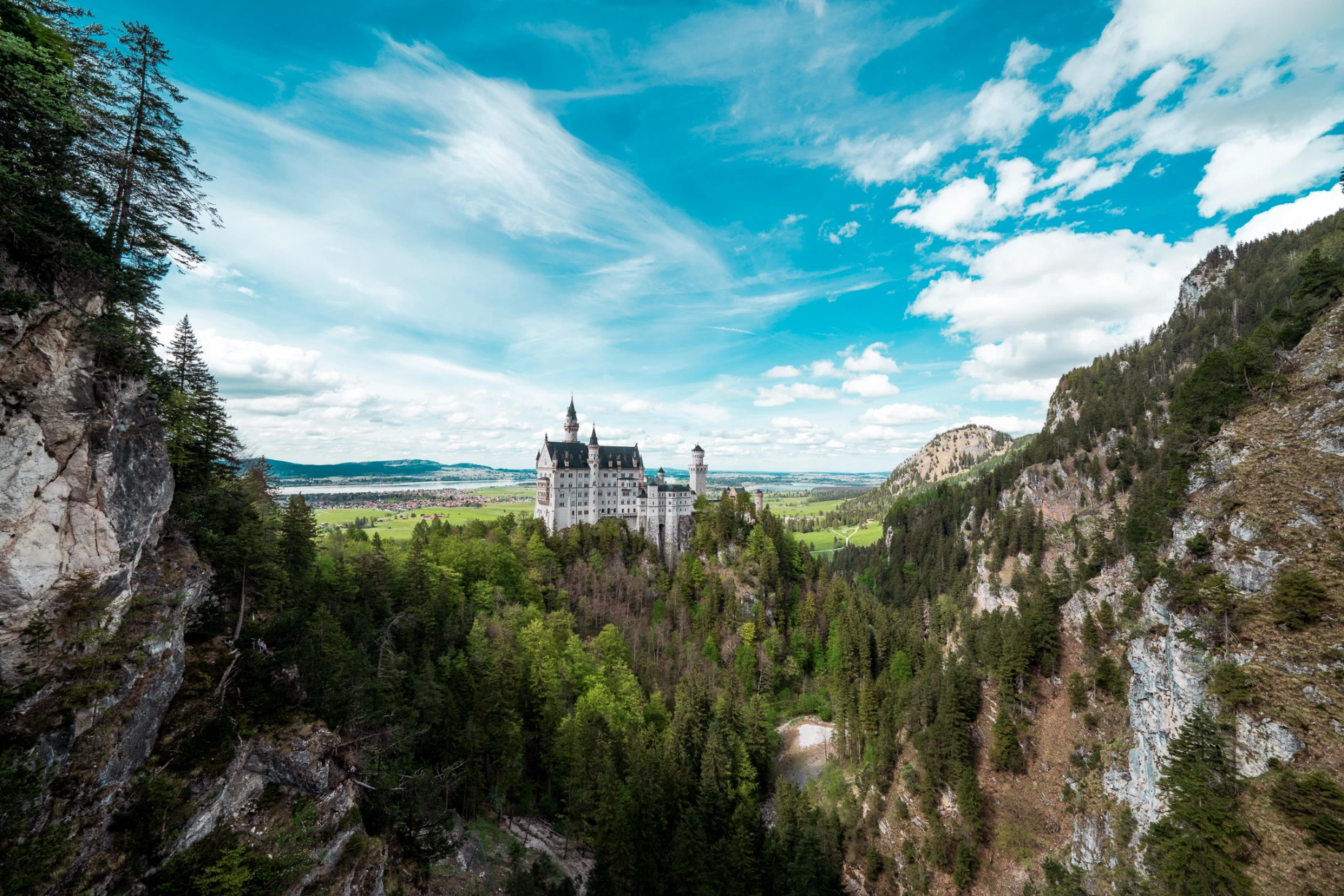 Neuschwanstein Castle set against the Bavarian Alps in Germany.