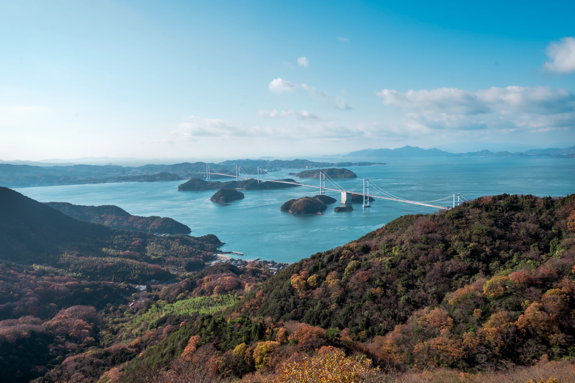 Setouchi islands and bridge viewed from Kirosan Observatory Park in Imabari.