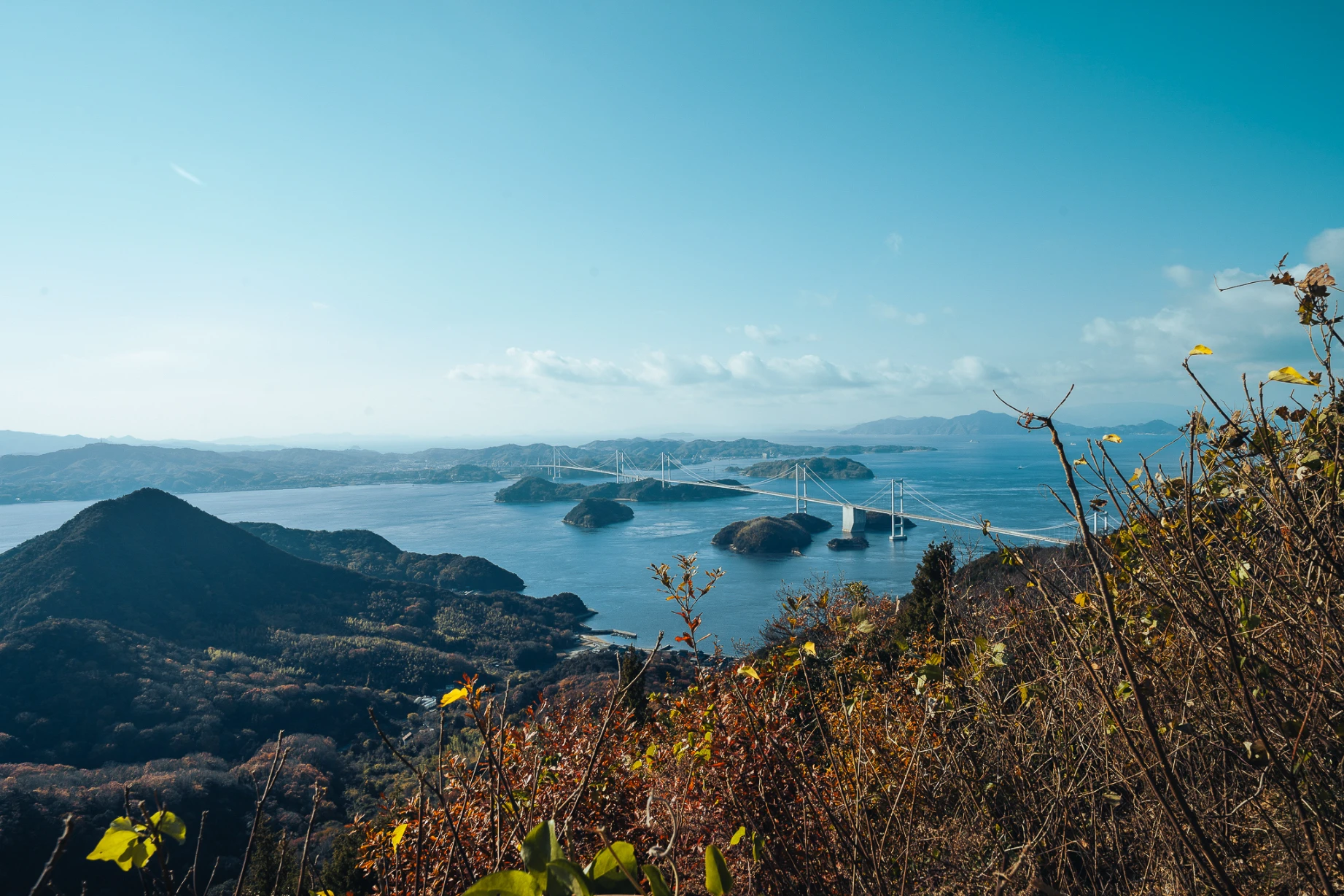 Setouchi islands and bridge viewed from Kirosan Observatory Park in Imabari.