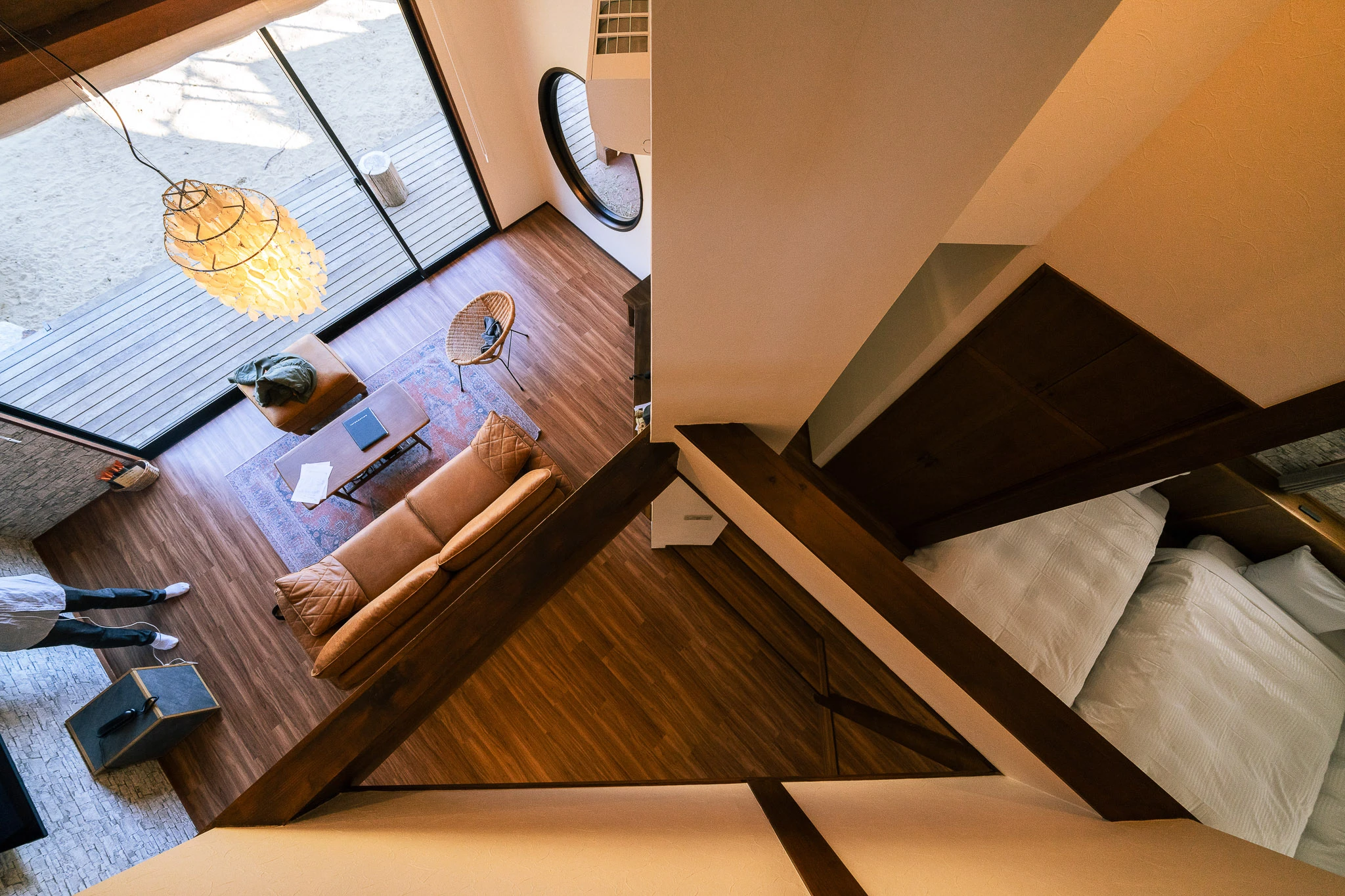 Guest accommodation viewed down from a mezzanine