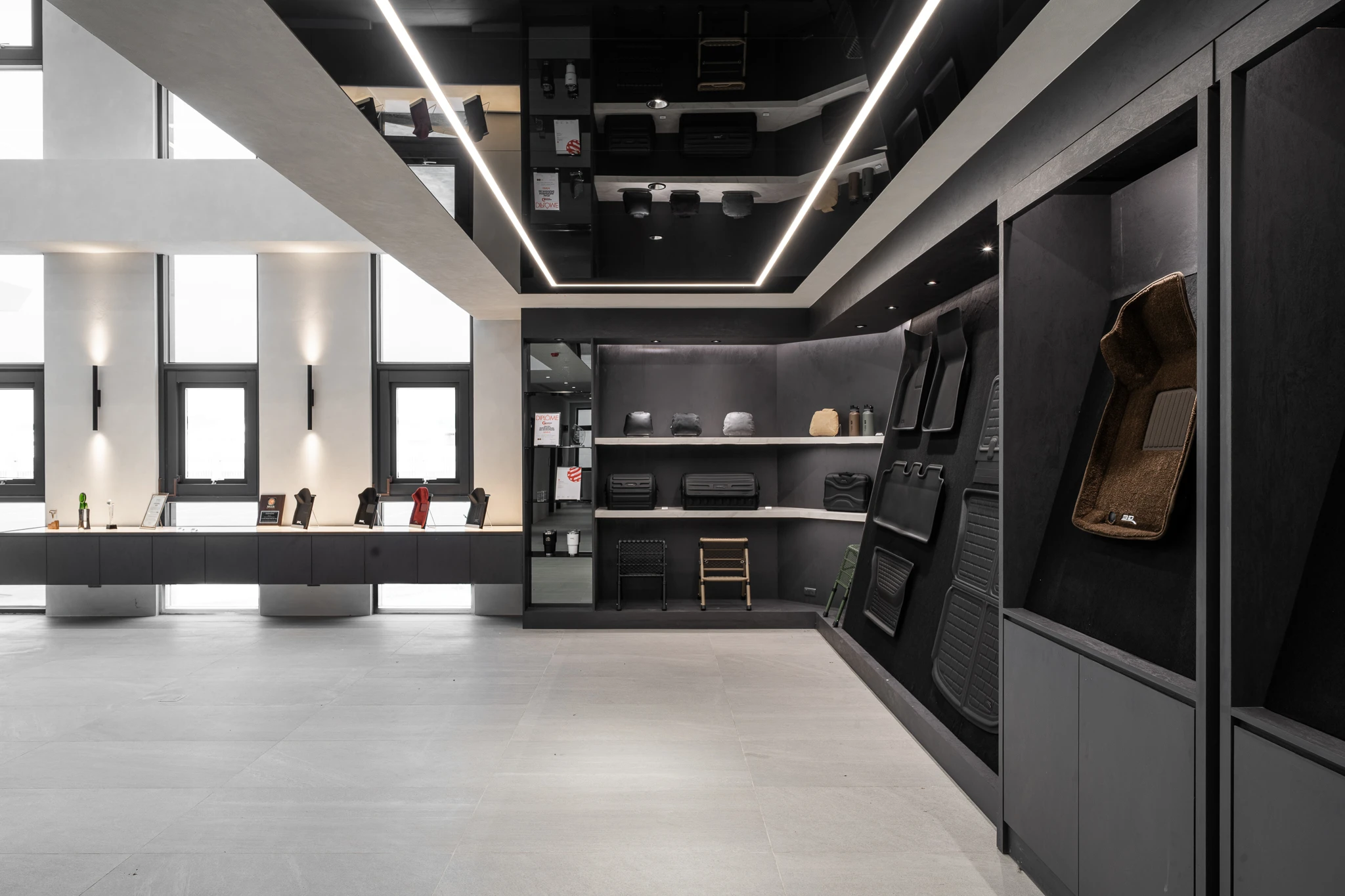 Product display wall beside the factory reception