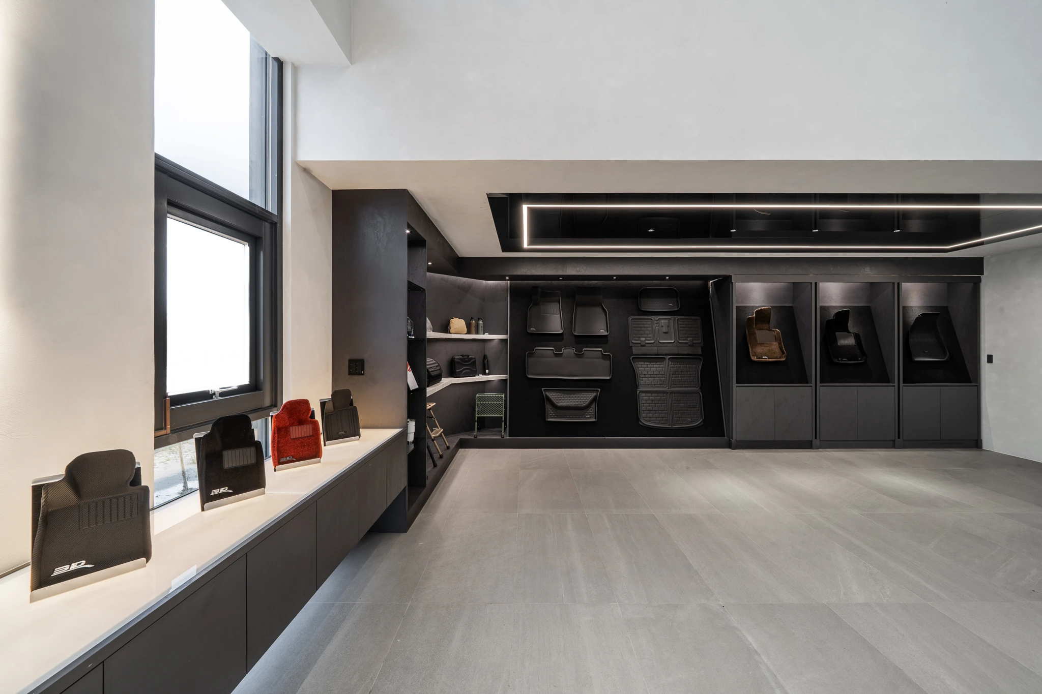 Display cabinets and samples along a sunlit window