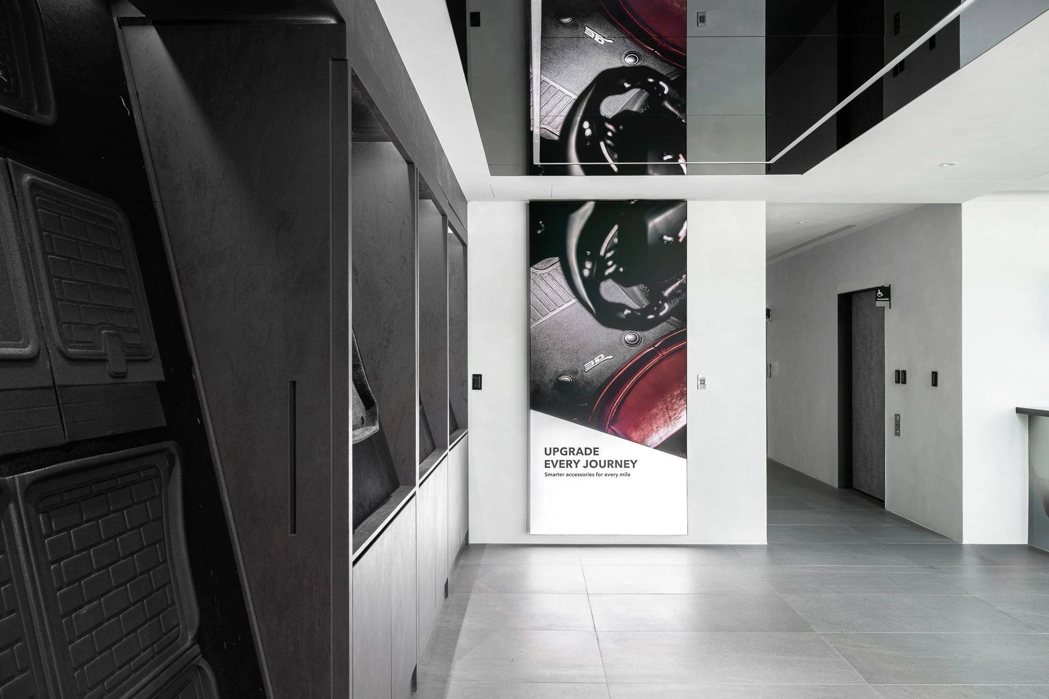 Close view of dark display panels and product graphics