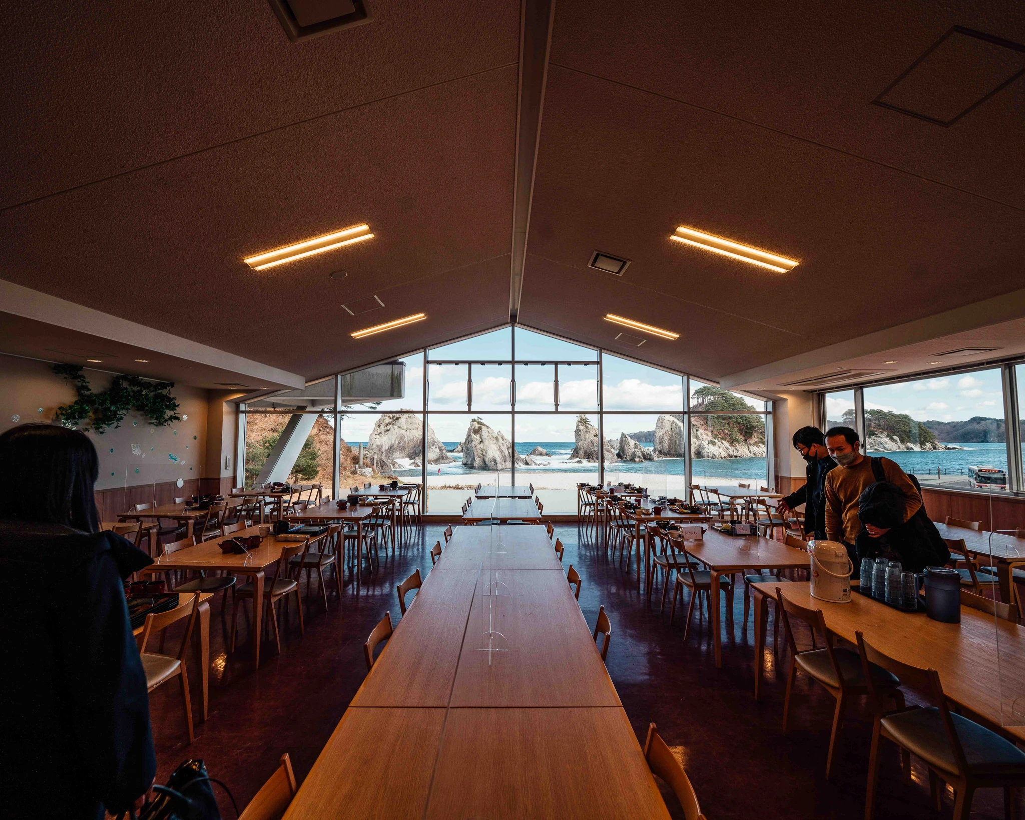 Dining room with a large window facing Jodogahama bay