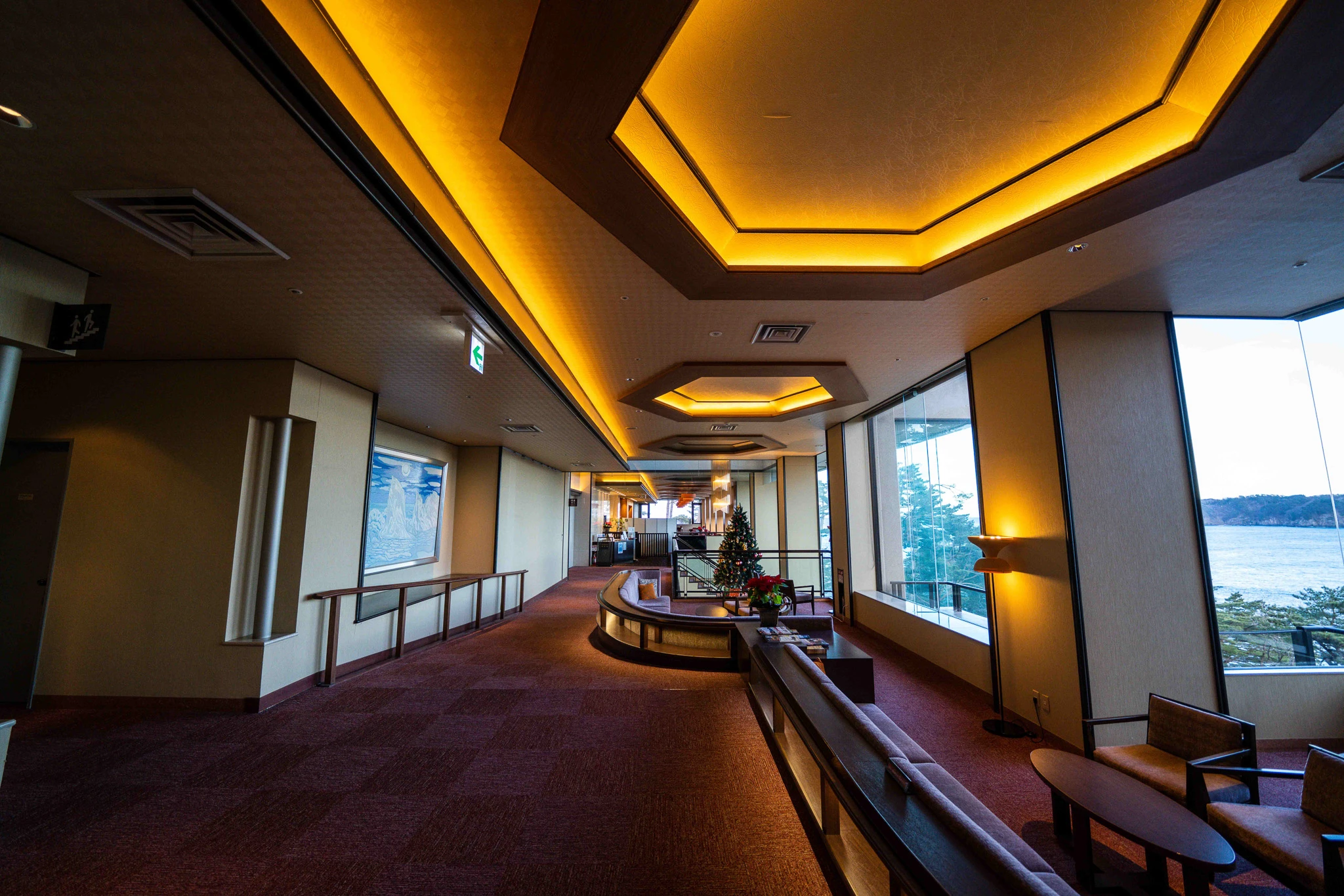 Geometric ceiling lighting above the hotel lounge