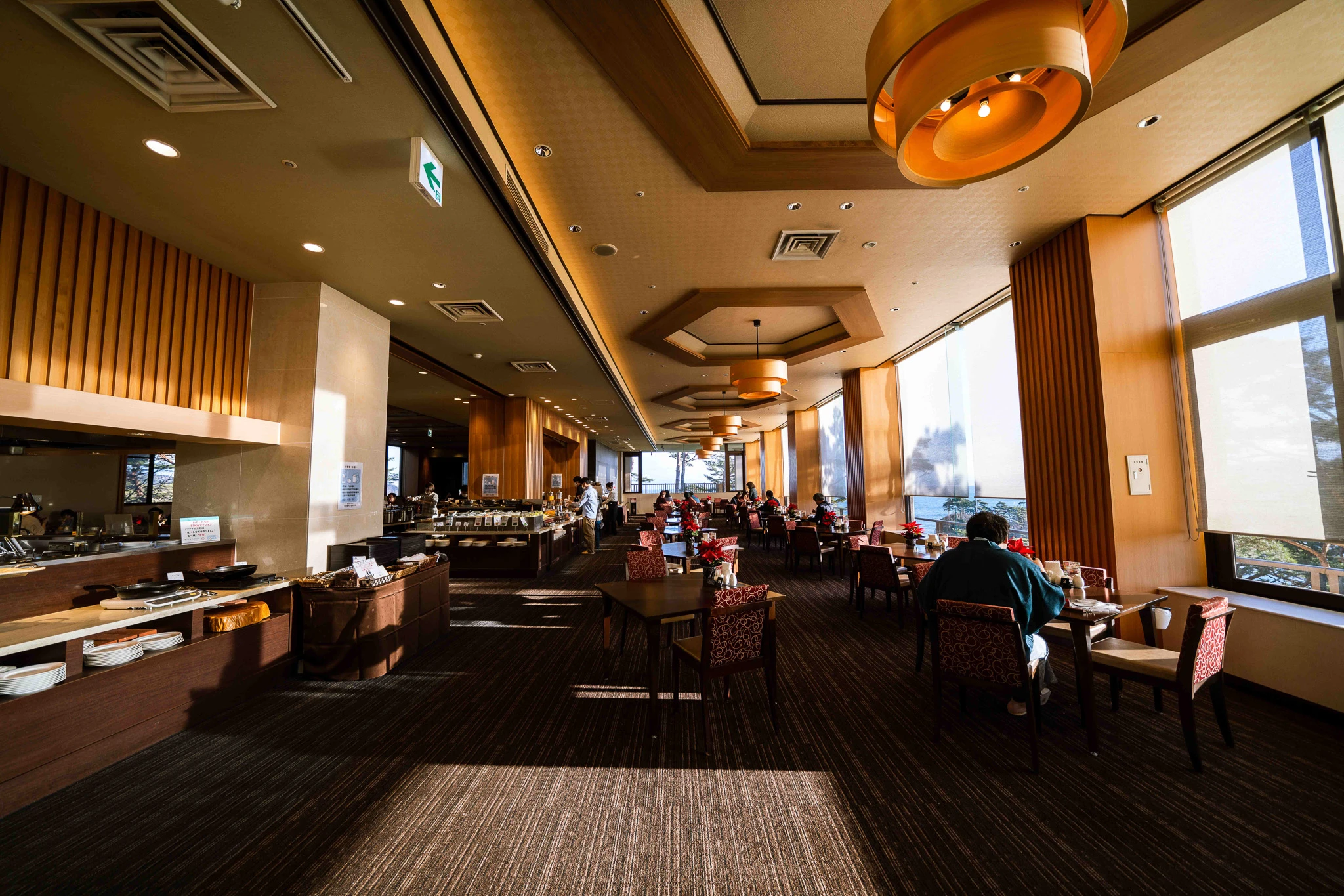 Restaurant aisle leading towards the buffet area