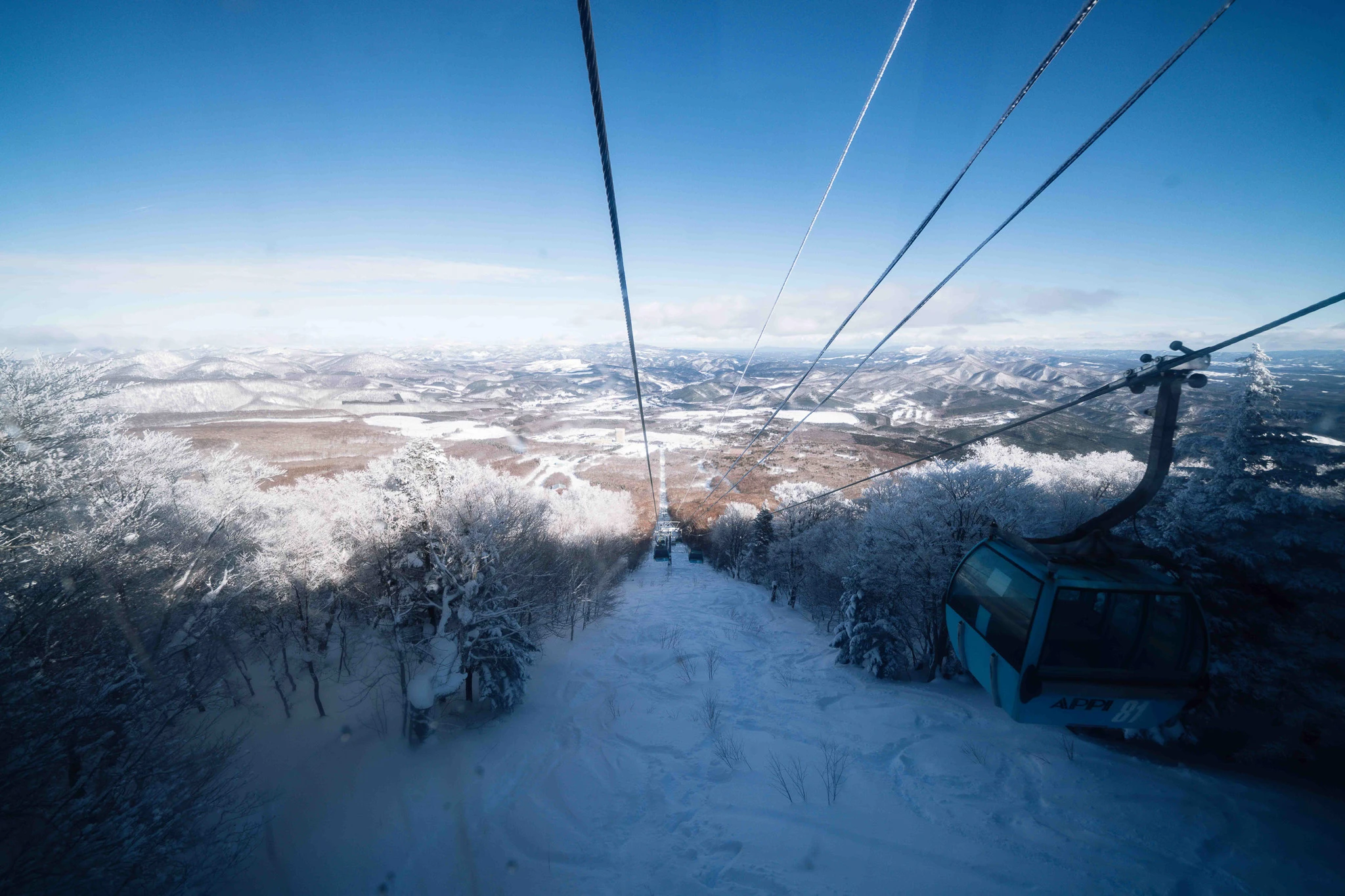 Cable-car lines stretching across a snowy mountain view