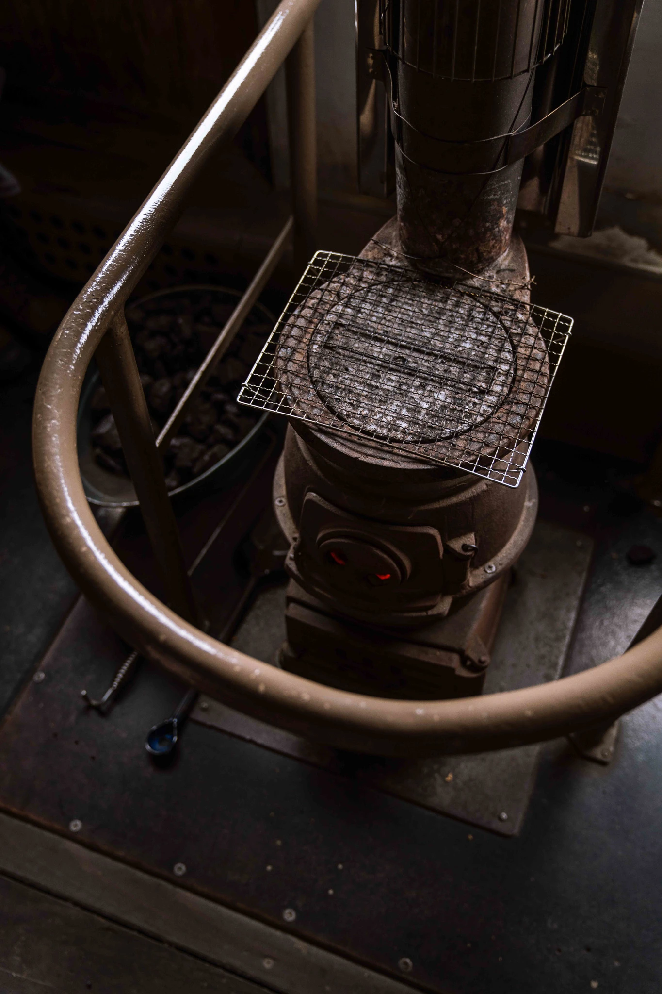 Cast-iron stove inside the train carriage
