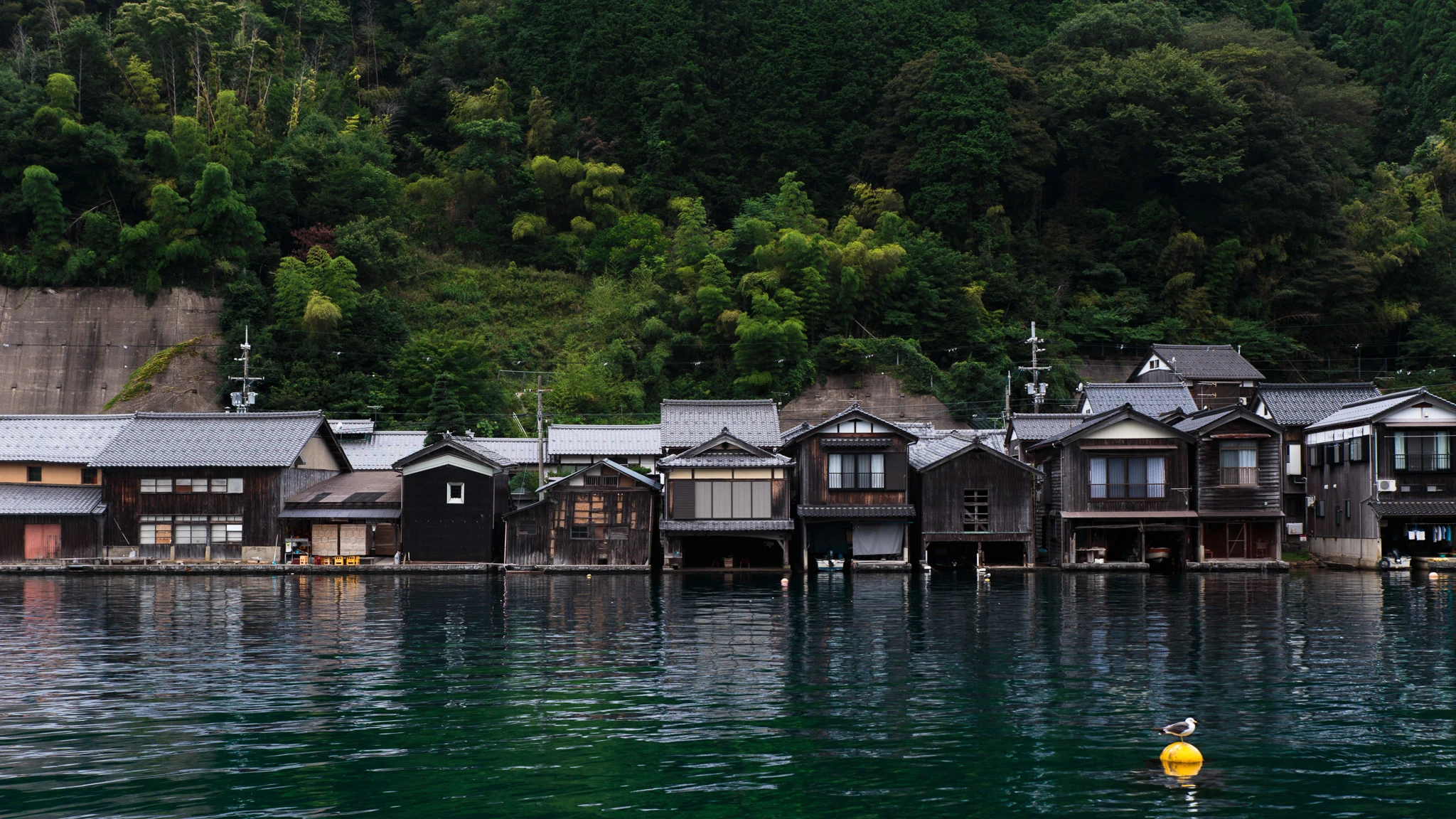 Long row of houses seen across calm water
