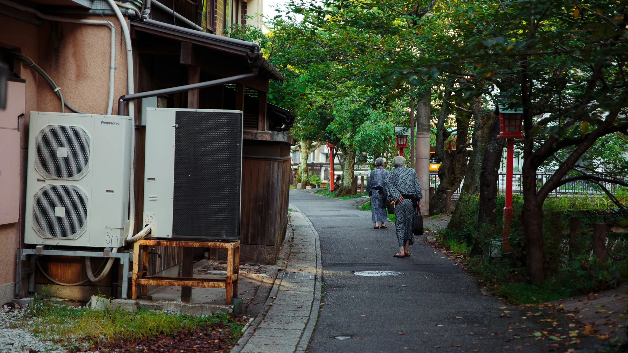 Narrow path between buildings and leafy trees